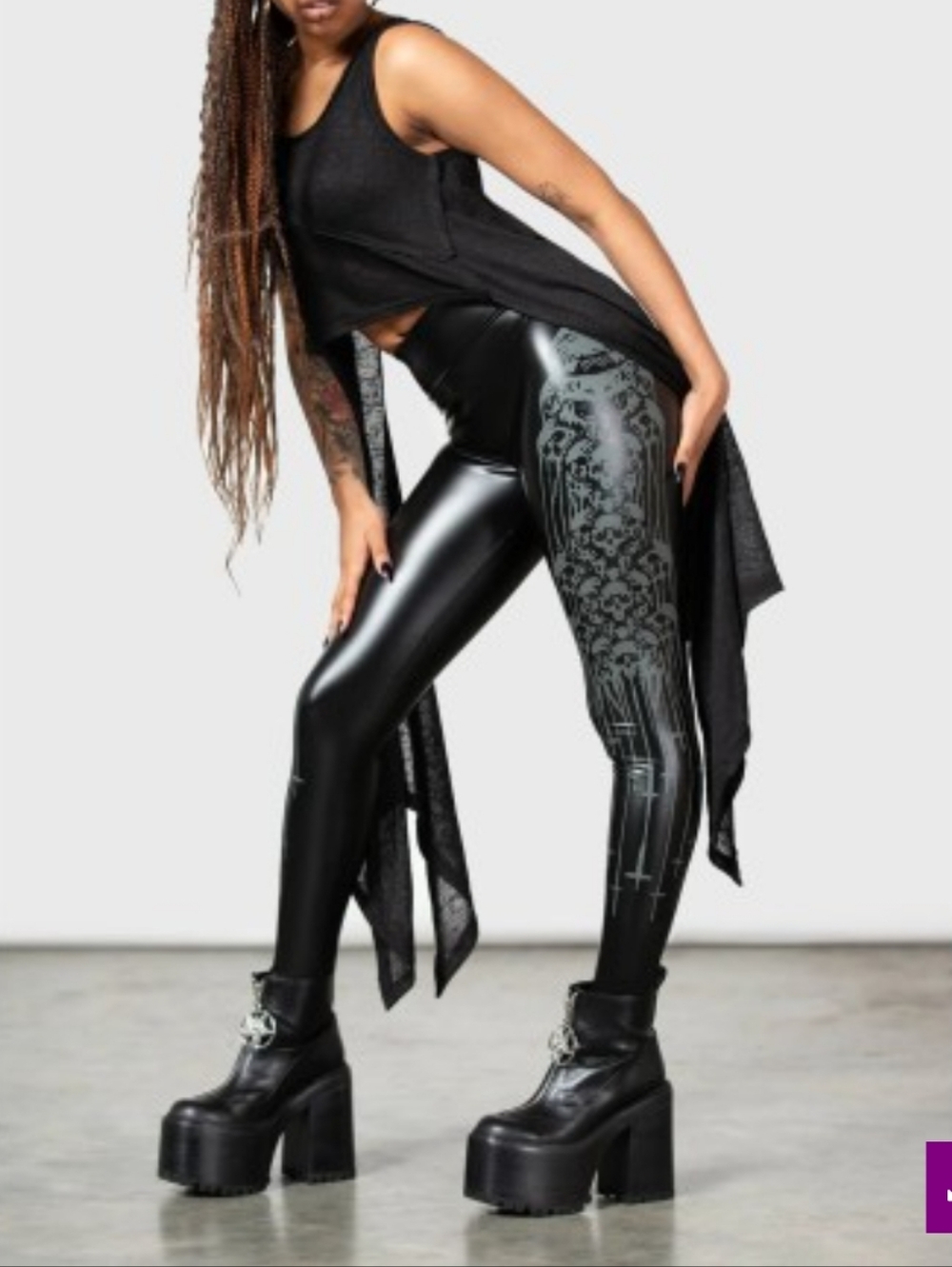 Killstar High-Shine Black Faux Leather Leggings with Gothic Side Print